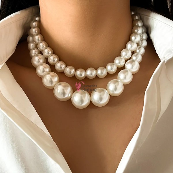 Colier elegant AS16II Argintiu cu perle Alb-Crem din 2 siraguri